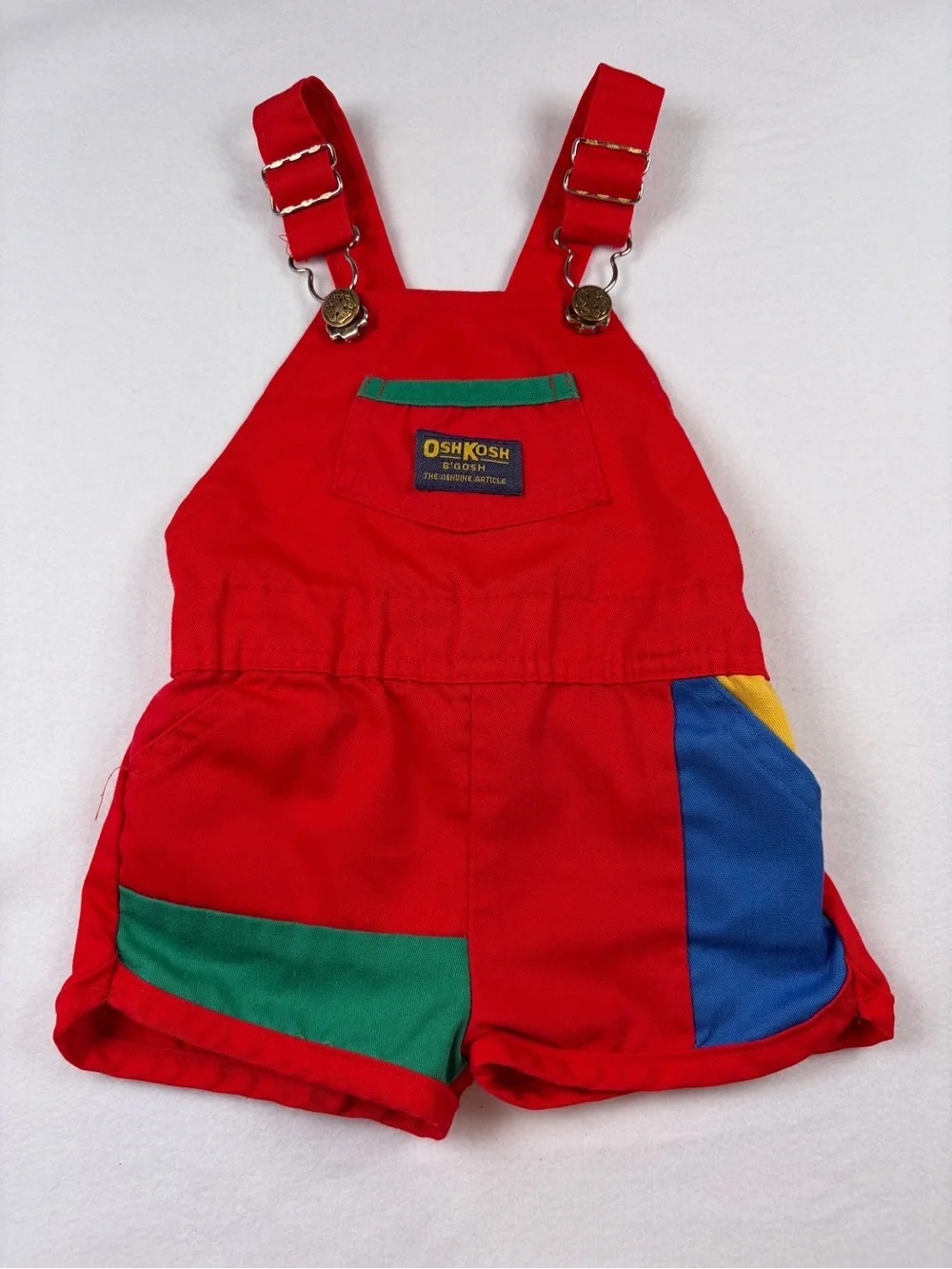 Vintage Oshkosh Primary Color Block Short Overalls Shortalls Romper USA Made 12M
